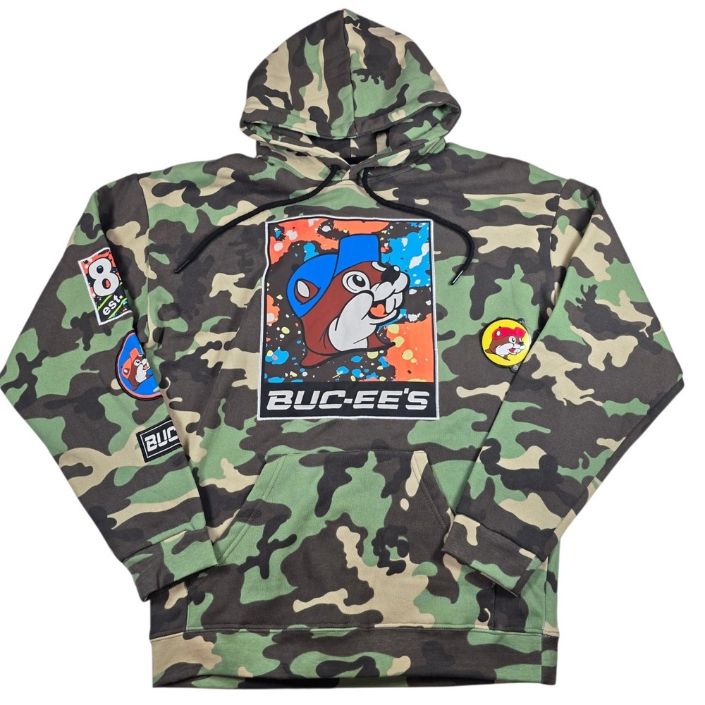 Buc-ee's Camouflage Camo Patch Graphic Print Fleece Pullover Hoodie- Men's Sz M